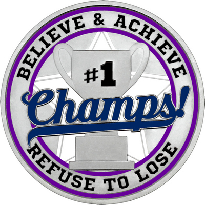 Navy Blue "Champs!" with Purple Outer Circular Borders
